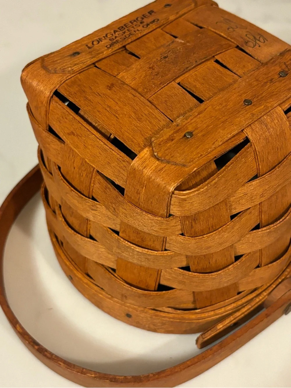 Small Longaberger Woven Wood Basket with Handle, c. 1989